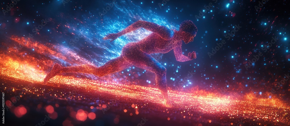 Abstract running man figure made of glowing particles running on a fiery trail, with a blue glowing trail behind him, set against a dark starry sky. Abstract running man figure made of glowing particles running on a fiery trail, with a blue glowing trail behind him, set against a dark starry sky.
