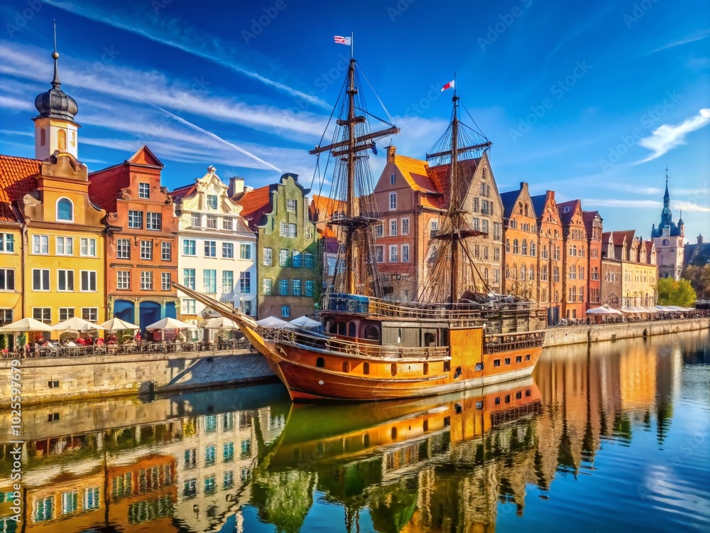 Obraz premium Historical Ship in Gdansk's Old Town - Panoramic View of Iconic Architecture and Maritime Heritage