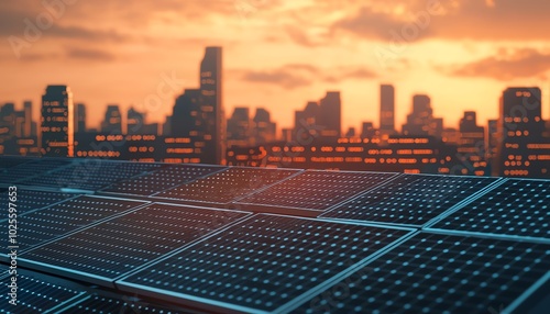 Solar panels on a rooftop at sunset, showcasing sustainable energy solutions in an urban landscape.