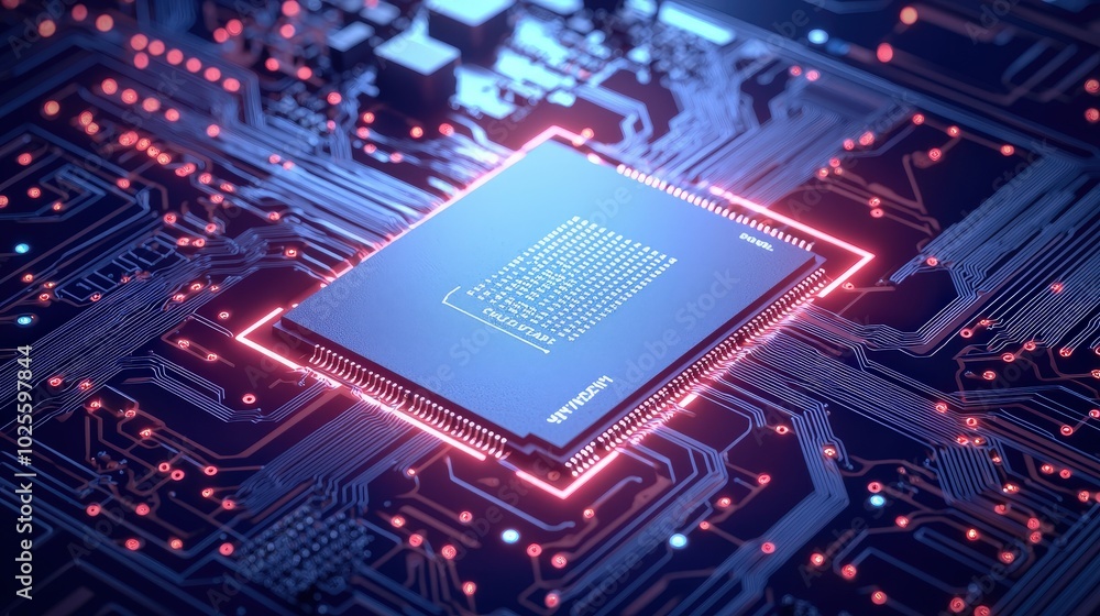 Close Up of Microchip on Circuit Board with Glowing Red Lines Close Up of Microchip on Circuit Board with Glowing Red Lines