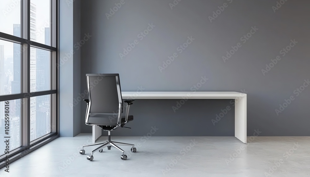 Modern office space with a sleek desk and ergonomic chair near large windows, showcasing a minimalist design. Modern office space with a sleek desk and ergonomic chair near large windows, showcasing a minimalist design.