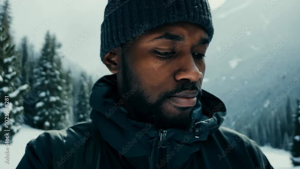 Serious African American male hiker in a winter mountain forest. Extreme tests in winter forest conditions. He pushes through snow drifts, proving his determination in winter hiking. Serious African American male hiker in a winter mountain forest. Extreme tests in winter forest conditions. He pushes through snow drifts, proving his determination in winter hiking.