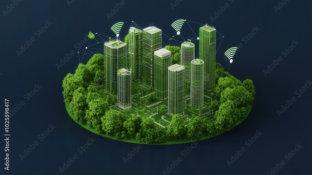 Smart City Concept Sustainable Urban Development with Wifi Network Illustration Smart City Concept Sustainable Urban Development with Wifi Network Illustration