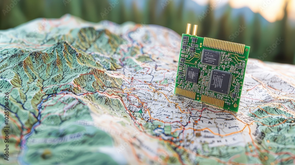 Semiconductor Chip on Topographic Map Global Supply Chain Concept Semiconductor Chip on Topographic Map Global Supply Chain Concept