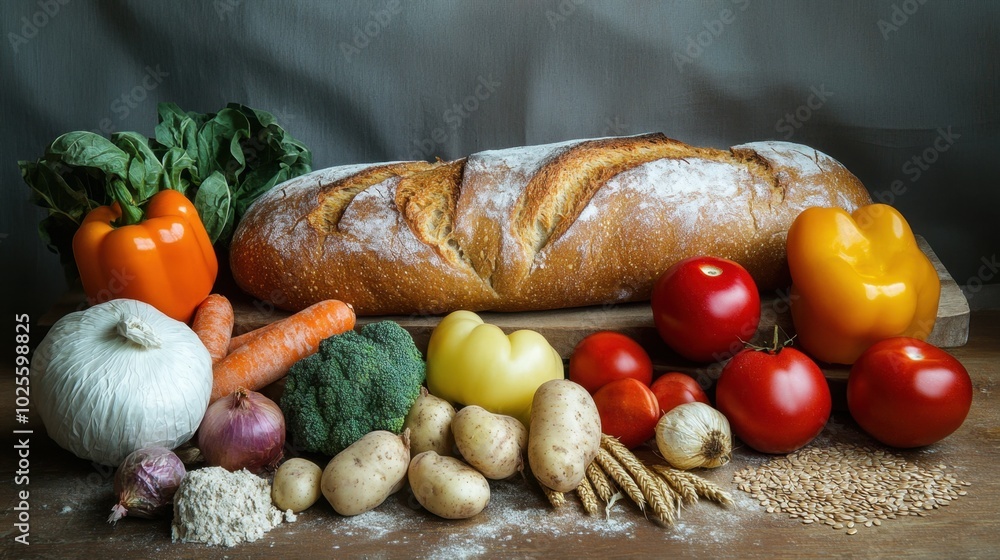 Freshly baked whole wheat bread and organic produce arranged on a rustic wooden table, with a minimal background for text overlay. Freshly baked whole wheat bread and organic produce arranged on a rustic wooden table, with a minimal background for text overlay.