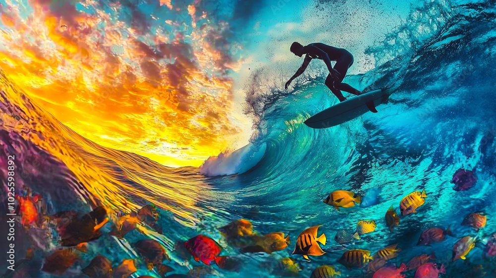 Naklejka premium Fluid silhouette of a surfer riding a wave, double exposed with a school of colorful tropical fish, early morning light