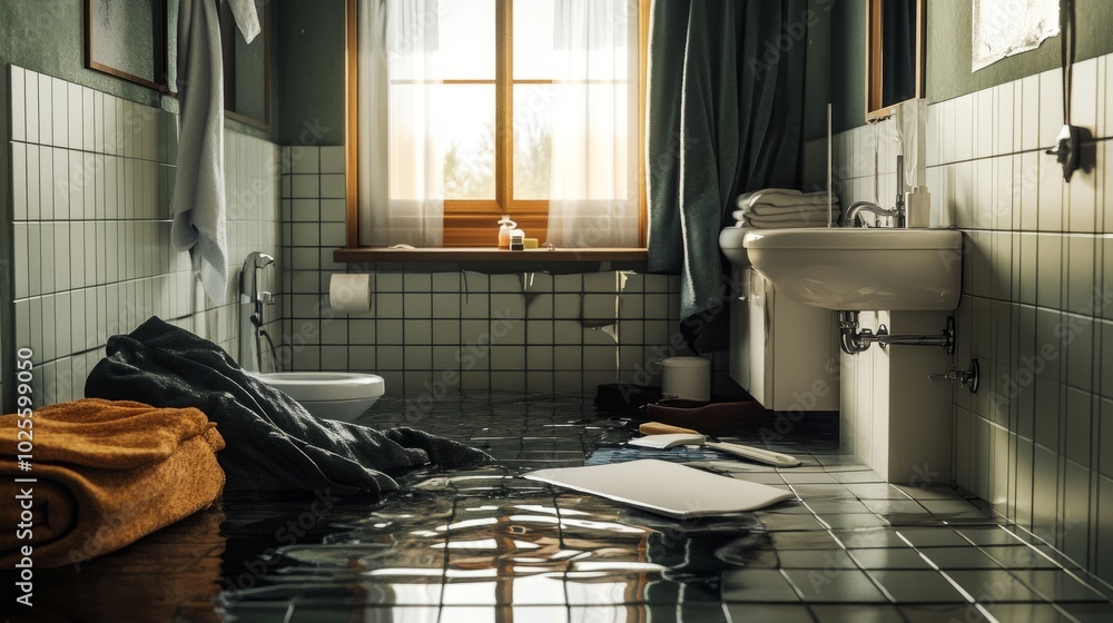 Flooded modern bathroom with water leaking from a damaged sink faucet, spreading across the tile floor and disordered towels and toiletries. Flooded modern bathroom with water leaking from a damaged sink faucet, spreading across the tile floor and disordered towels and toiletries.
