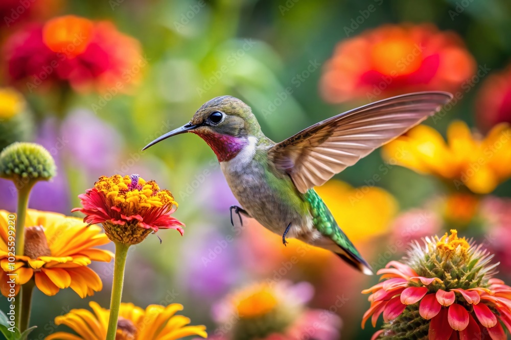 Hummingbird Interacting with Bees in a Colorful Garden Setting Under Bright Natural Light Hummingbird Interacting with Bees in a Colorful Garden Setting Under Bright Natural Light