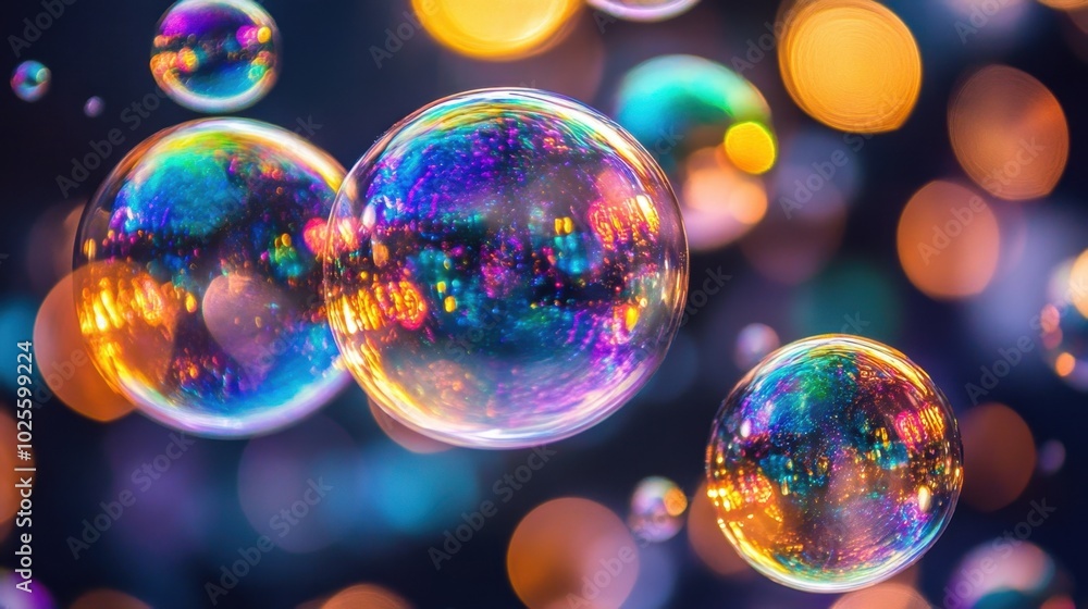 Glowing rainbow-colored bubbles float in a dark space, creating a playful and whimsical atmosphere, with light reflections highlighting their vibrant glow. Glowing rainbow-colored bubbles float in a dark space, creating a playful and whimsical atmosphere, with light reflections highlighting their vibrant glow.