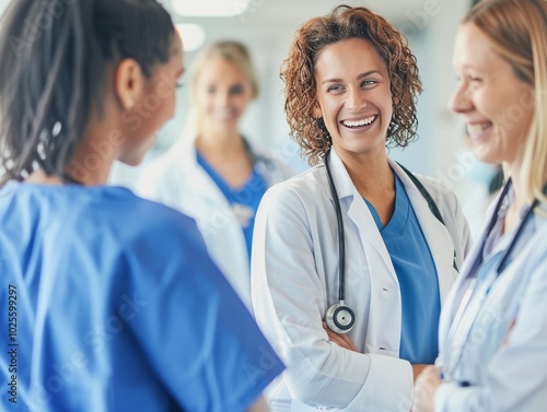 Three Female Doctors in a Hospital Setting, One Smiling photo