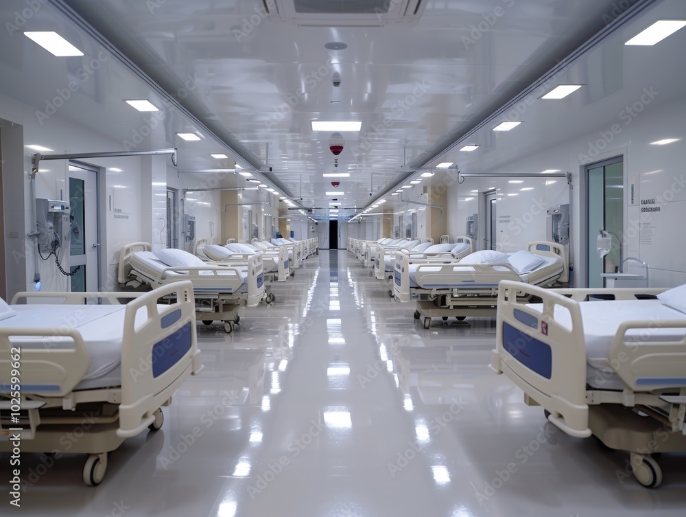 Fototapeta premium Hospital Corridor with Rows of Empty Beds