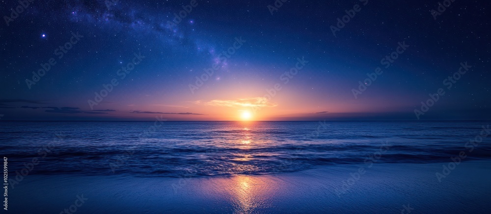Fototapeta premium A beautiful sunset over the ocean with a clear starry sky.