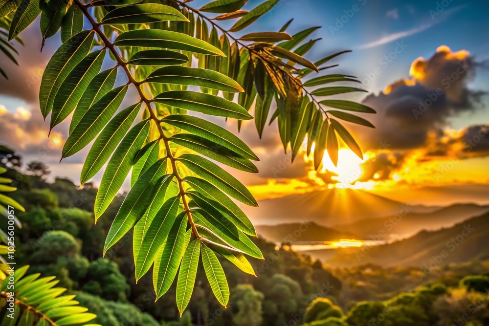 Fototapeta premium Immature Lancewood Tree Leaves Hanging in New Zealand Rainforest Under a Beautiful Sunset Sky