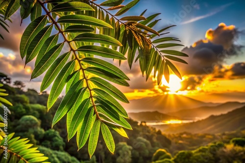 Immature Lancewood Tree Leaves Hanging in New Zealand Rainforest Under a Beautiful Sunset Sky photo