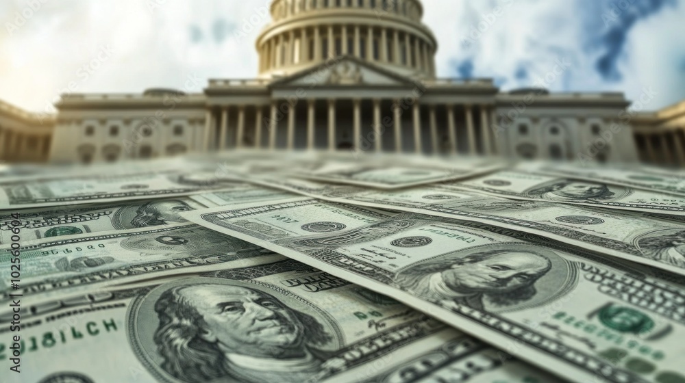 Fototapeta premium A close-up of cash in front of a government building, symbolizing finance and politics.