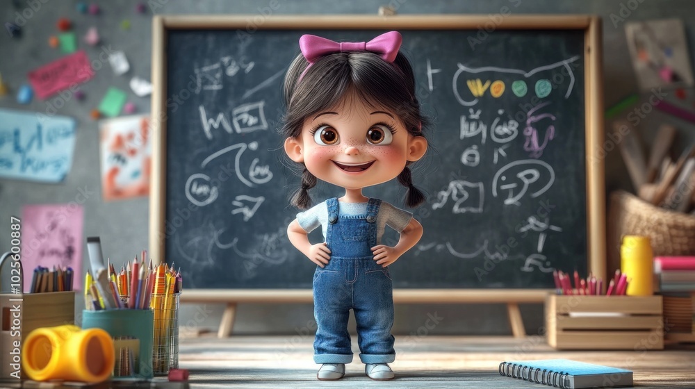 A cheerful animated girl stands in front of a chalkboard filled with drawings and school supplies. A cheerful animated girl stands in front of a chalkboard filled with drawings and school supplies.