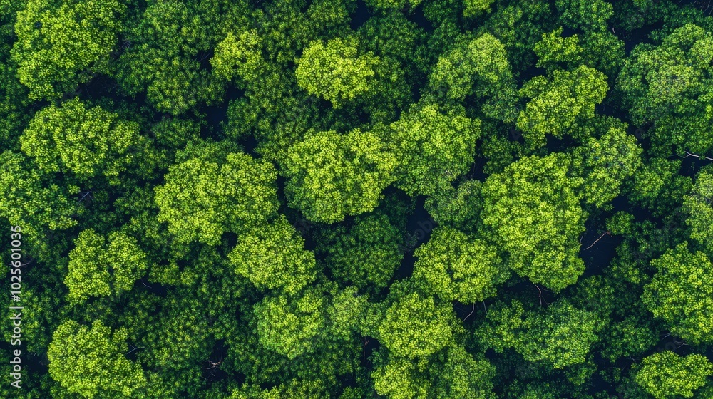 Mangrove forest from above, showing lush greenery and complex root systems stretching into the water, an essential ecosystem in coastal environments. Mangrove forest from above, showing lush greenery and complex root systems stretching into the water, an essential ecosystem in coastal environments.
