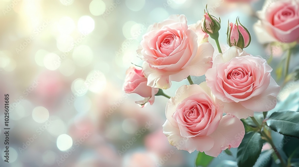 Elegant Pink Roses in Bloom with Soft Bokeh Background Creating a Romantic and Serene Atmosphere Elegant Pink Roses in Bloom with Soft Bokeh Background Creating a Romantic and Serene Atmosphere