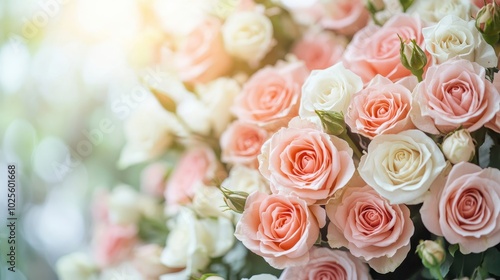 Beautiful Bouquet of Pink and White Roses in Soft Sunlight, Perfect for Romantic and Elegant Floral Backgrounds