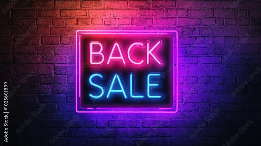 Neon sign Back sale with glowing in the dark, for Black Friday Sale isolated on a brick wall shopping advertisement Neon sign Back sale with glowing in the dark, for Black Friday Sale isolated on a brick wall shopping advertisement