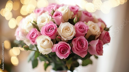 Elegant Bouquet of Pink and White Roses with Soft Bokeh Background for Romantic and Wedding Themes