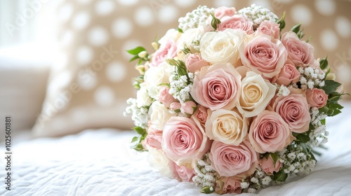 Elegant Bouquet of Pink and White Roses with Baby's Breath on a Soft Polka Dot Background for Wedding or Romantic Occasions