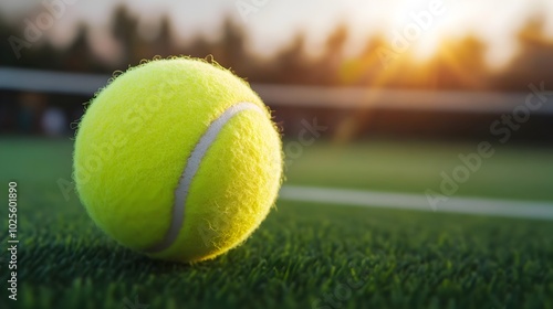 Glistening Tennis Ball on Grass Court with sun set