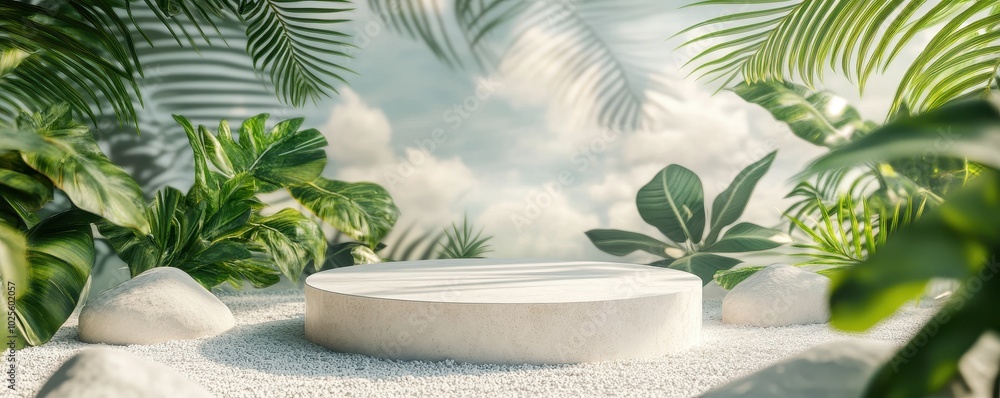 3d background product display podium scene with leaf geometric platform,cloud and sky, palm shadows and white stone podium,Mockup for eco beauty cosmetic advertising,Copy space. 3d background product display podium scene with leaf geometric platform,cloud and sky, palm shadows and white stone podium,Mockup for eco beauty cosmetic advertising,Copy space.