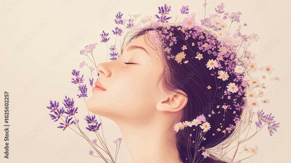 Serene Portrait of a Woman with Floral Elements in Soft Pastel Tones, Embracing Nature and Tranquility in a Dreamlike Composition