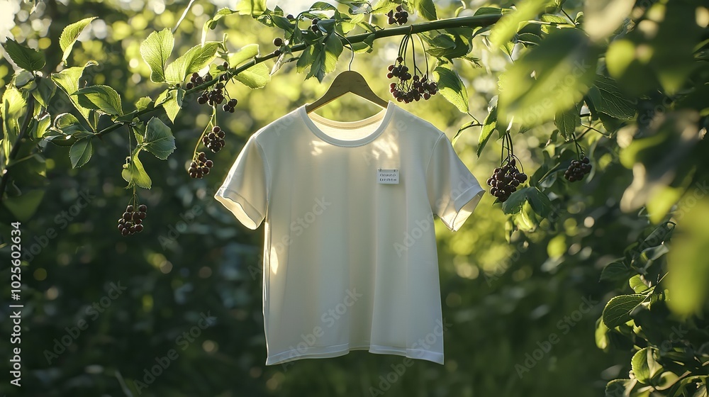 Clean colorful t-shirts hanging on washing line in the garden outdoors Clean colorful t-shirts hanging on washing line in the garden outdoors
