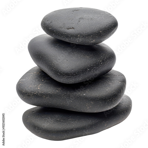 Elegant black zen stones arranged artistically, perfect for relaxation and mindfulness in a serene white setting. photo