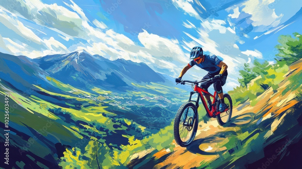 Summer mountain biking adventure with a cyclist flying down a steep trail, vibrant landscapes of greenery and blue skies, capturing the dynamic sport Summer mountain biking adventure with a cyclist flying down a steep trail, vibrant landscapes of greenery and blue skies, capturing the dynamic sport