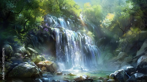 Serene Waterfall in Lush Green Forest Landscape