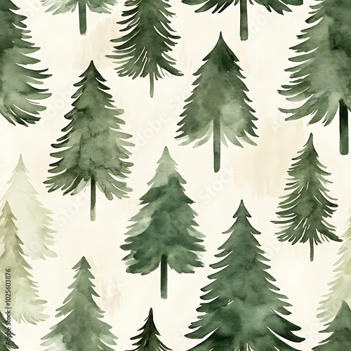 Muted Green Watercolor Evergreen Trees Pattern