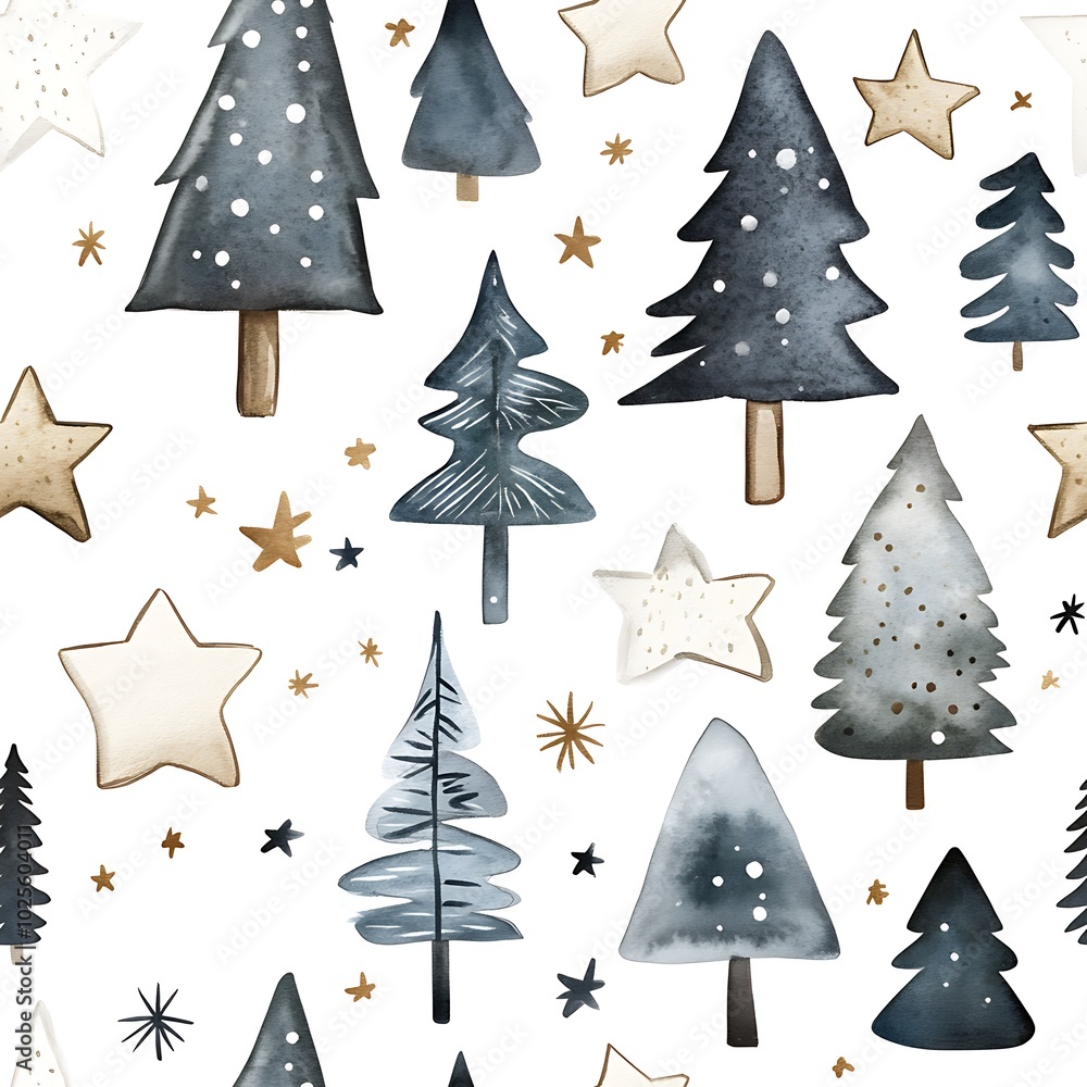 Scandinavian Watercolor Christmas Trees and Stars Pattern Scandinavian Watercolor Christmas Trees and Stars Pattern