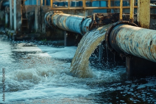 Chemical plant discharging waste into a river, with toxic chemicals visibly mixing with water, demonstrating the dangers of industrial pollution on water bodies photo