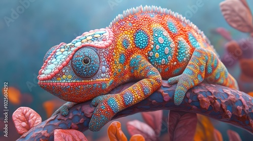 A colorful chameleon perched on a branch, its scales shimmering in the light.