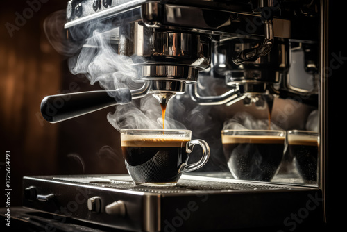 Coffee machine brewing espresso with steam rising photo