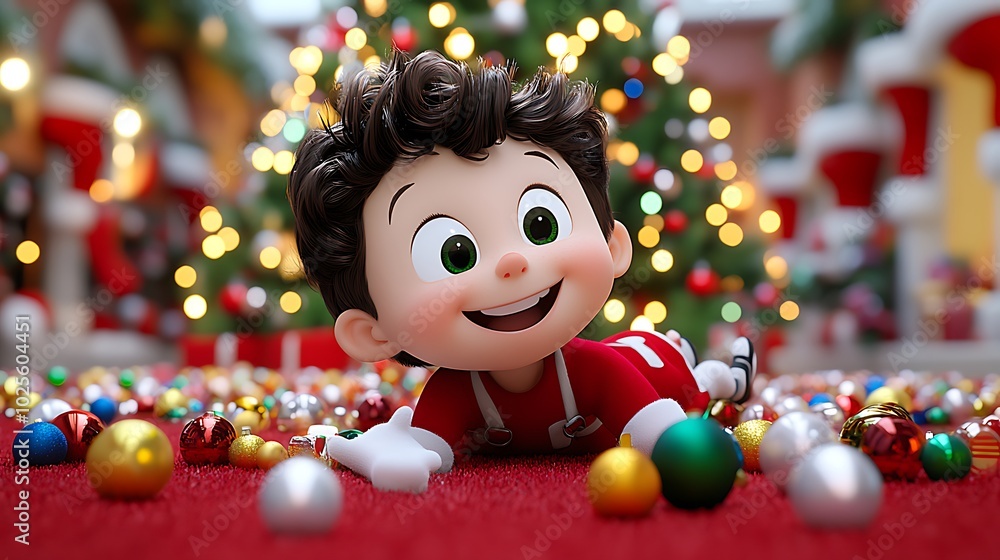 Joyful Kids Playing on Floor with Christmas Decorations Joyful Kids Playing on Floor with Christmas Decorations