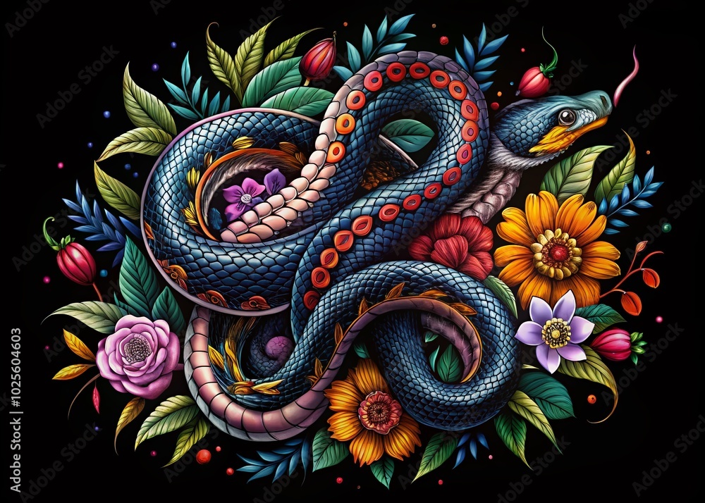 Obraz premium Intricate Snake Sketch Art for Nature Lovers, Wildlife Illustrations, and Tattoo Design Inspiration in Black and White