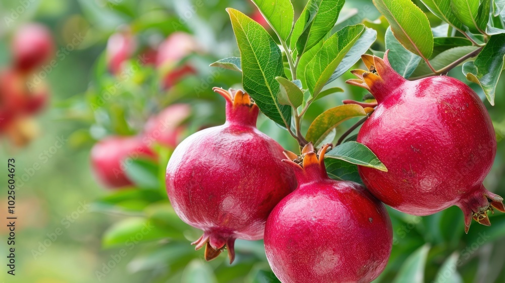 Fresh Pomegranate Fruits on Tree Branches in Nature Fresh Pomegranate Fruits on Tree Branches in Nature