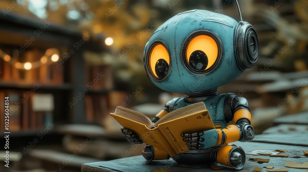 endearing cartoonstyle robot engrossed in reading a book within a whimsical library symbolizing the fusion of technology and learning in a playful imaginative world endearing cartoonstyle robot engrossed in reading a book within a whimsical library symbolizing the fusion of technology and learning in a playful imaginative world