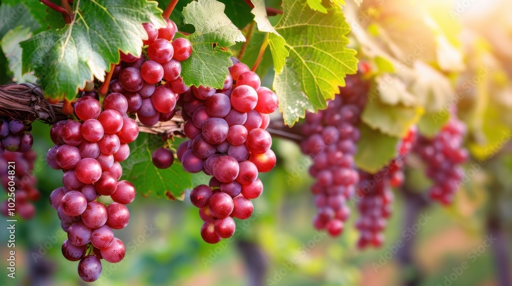 Fresh Red Grapes on Vine in Sunlit Vineyard Fresh Red Grapes on Vine in Sunlit Vineyard