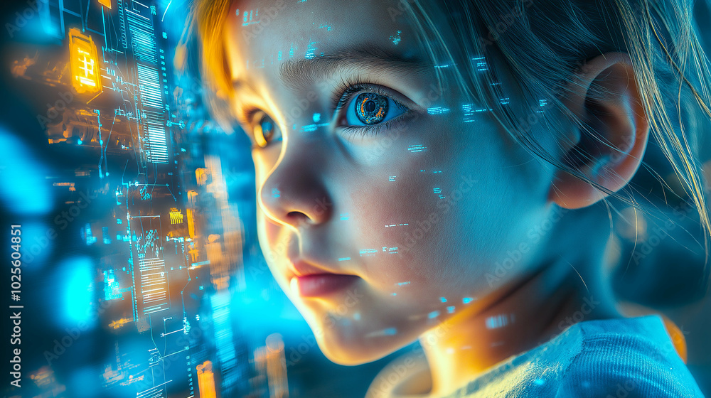 A young girl interacts with futuristic technology, filled with wonder and curiosity. The concept of advanced innovations and the future of learning. Generative AI. A young girl interacts with futuristic technology, filled with wonder and curiosity. The concept of advanced innovations and the future of learning. Generative AI.