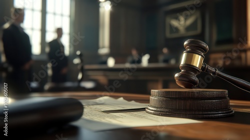 Gavel and Courtroom Scene - Symbol of Law, Justice, and Legal Proceedings in Action