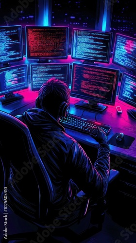 A hacker working late at night, surrounded by multiple monitors displaying code in vibrant colors, creating a cyberpunk atmosphere.