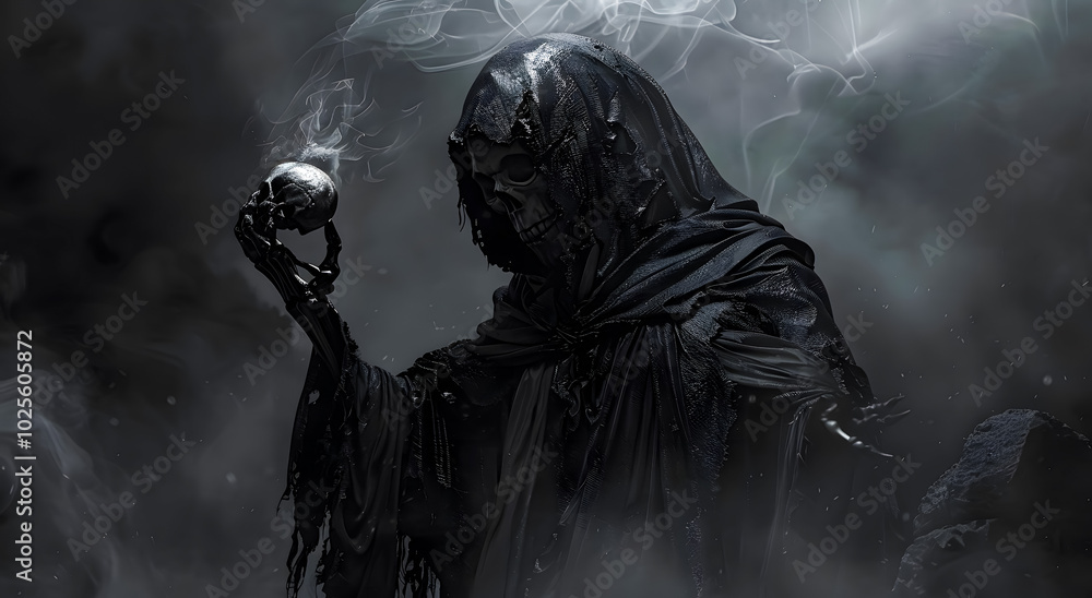 Spooky silhouette of a hooded reaper holding a skull in misty fog. Symbolizing death, darkness, and the afterlife. Haunting atmosphere, perfect for horror or Halloween themes