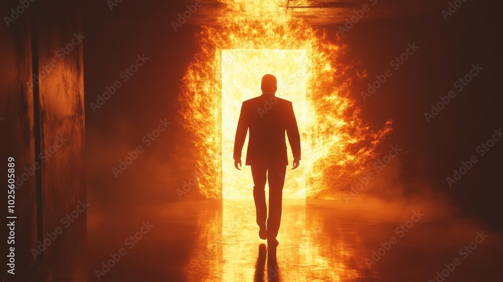 A silhouetted figure walks toward a fiery doorway, creating a dramatic and intense atmosphere. A silhouetted figure walks toward a fiery doorway, creating a dramatic and intense atmosphere.