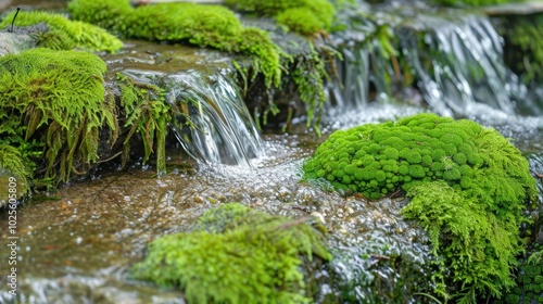 Lush Green Moss with Flowing Water in Nature