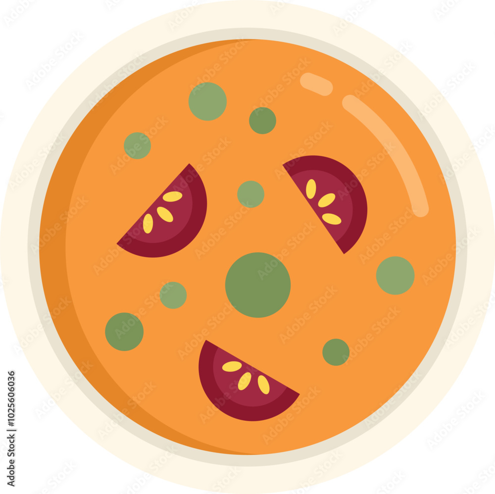 Obraz premium Simple vector illustration of a bowl of tomato soup decorated with tomatoes and peas, in flat design style